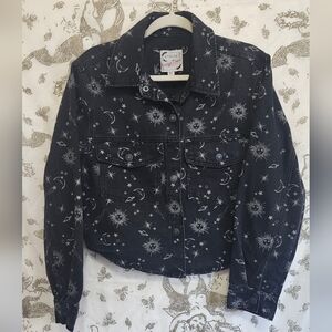 Black Denim Shacket with Celestial Print